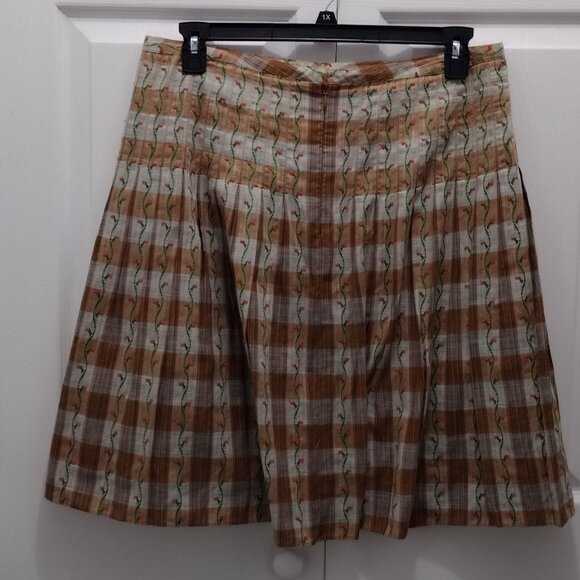 Free People Pleated Plaid Skirt Size 12 Floral Embroidered Cotton Boho Cottageco - Picture 8 of 10